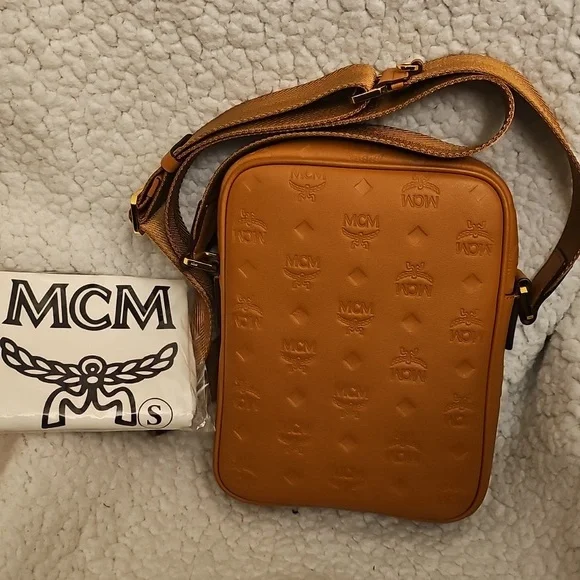 Auth MCM Tan Monogram Embossed Crossbody Bag